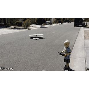 A kid can't control his RC plane.