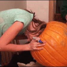 A girl gets her head stuck inside a pumpkin.