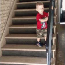 Boy-climbs-down-stairs-premature-celebration