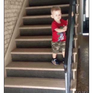 Boy-climbs-down-stairs-premature-celebration